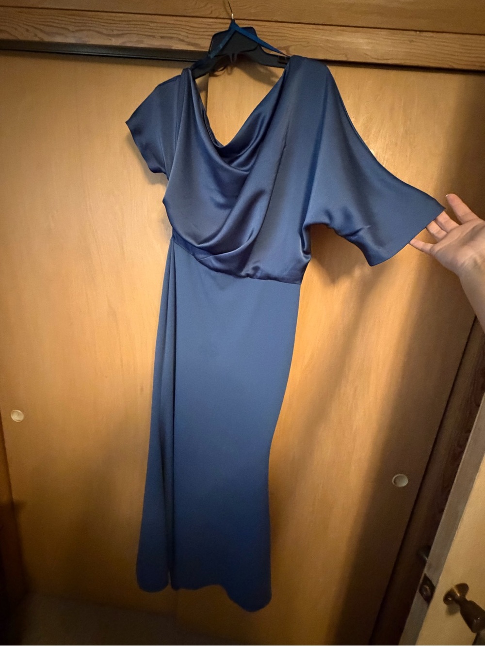 Draped Cowl Slate Blue Evening Gown